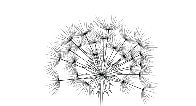Detailed black and white line drawing of a dandelion seed head features intricate thin filaments and seeds in a spherical shape.