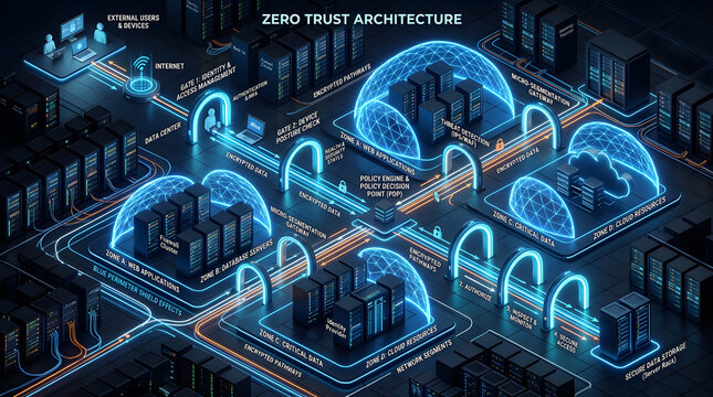 Visual representation of Zero Trust Architecture with interconnected security components