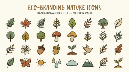 Fototapeta premium Eco Branding Nature Icons Hand Drawn Doodles Vector Pack for Sustainable Designs and Organic Elements