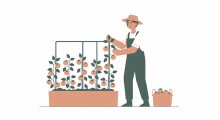 Obraz premium Celebrating Earth Day with a gardener planting trees and flowers in a lush garden on a sunny day outdoors with greenery and a basket.