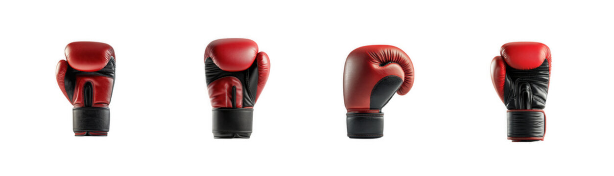 Four red and black boxing gloves with training, athletic, equipment isolated on transparent background
