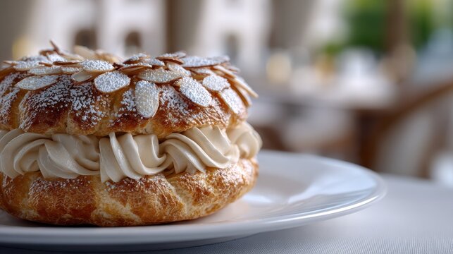 french pastry art, in-depth description of a paris-brest showcasing the choux pastry ring filled with praline mousseline cream