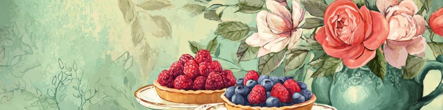 food photography, a refined gouache illustration featuring a stunning display of fruit tarts, fresh roses, and a calming green backdrop for text elegant ambiance