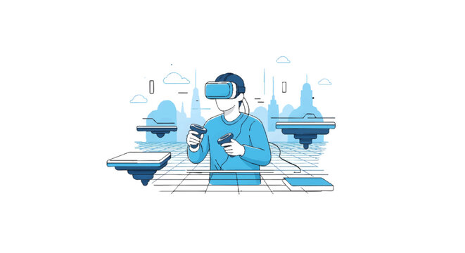 Man wearing VR headset and holding controller in futuristic cityscape