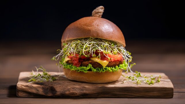 Delicious vegan burger styled for a restaurant menu showcasing fresh textures and vibrant plant based ingredients