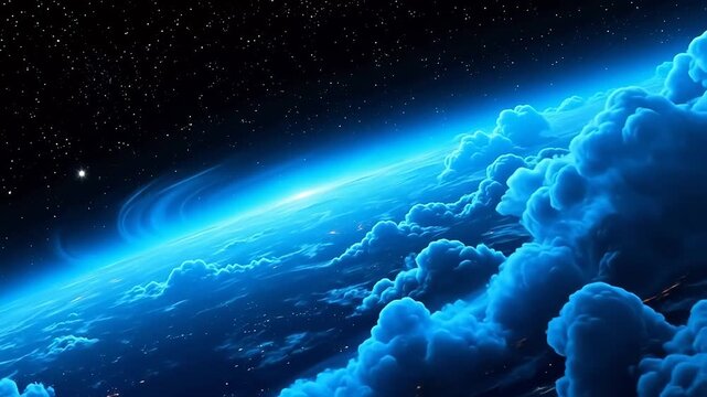 Flowing blue clouds and stars in deep night sky