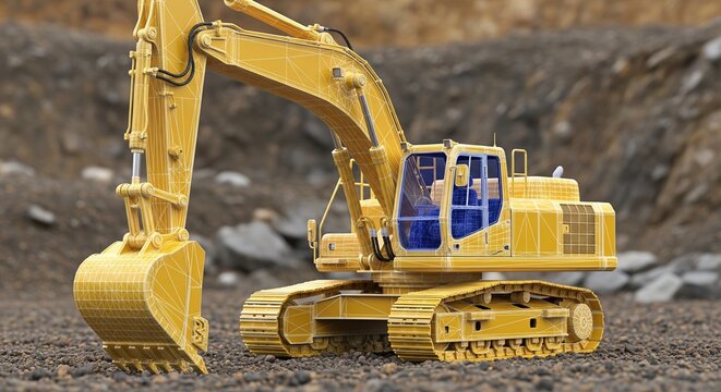 Detailed Yellow Excavator Machine with Bucket and Tracks on a Rocky Construction Site, Industrial