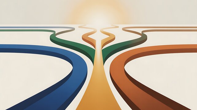 Multiple colorful paths converging and diverging into a bright future with direction decision divergence convergence opportunity abstract progress strategy planning alternatives connection