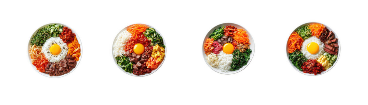 Four korean bibimbap bowls with fried egg as PNG cutout isolated on transparent background