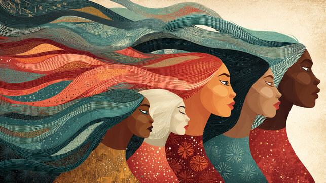 Diverse women with flowing abstract hair representing strength and unity, diversity