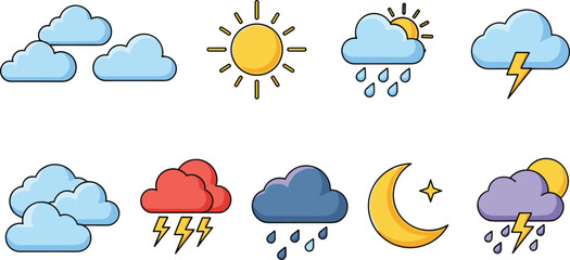 Obraz premium Weather Icon Set with Sun, Clouds, Rain, Thunderstorm, and Moon Symbols in Cartoon Style for Forecast App, Climate Design, and UI Illustration