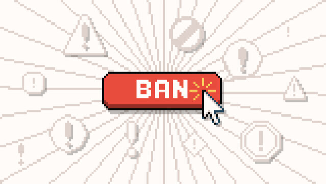 Ban button pixel art. Pixelated click on ban button, block with mouse cursor. Warning signs for restriction, censorship and account suspension. Forbidden access digital symbols with 8-bit gaming aesth