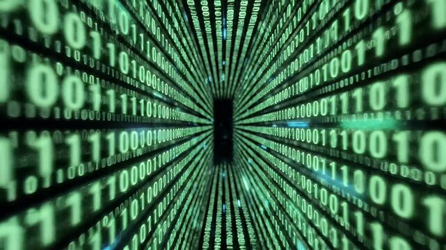 A mesmerizing perspective tunnel filled with cascading streams of binary code, symbolizing the digital world and data flow.