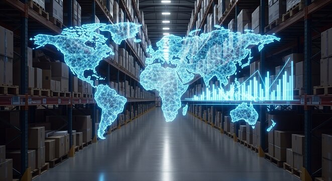 Digital World Map Hologram with Financial Data Graph in a Modern Warehouse Logistics Center