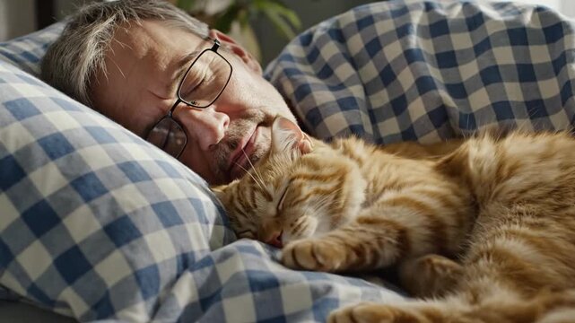 Middle-aged Caucasian man with glasses and fair skin sleeps peacefully in bed next to his fluffy ginger cat on checkered pillows.
