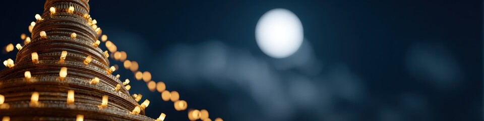 spiritual night photography, premium cinematic web banner portrays a splendid golden buddhist stupa illuminated by a full moon with a serene, spiritual ambiance massive free copy space for text © Ingvar Shelly