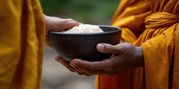 traditional almsgiving, capturing the act of giving as a layperson offers rice into a buddhist monks alms bowl, with a focus on the hands and bowl sunrise light adds a serene quality