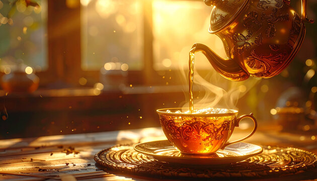 Tea pouring into cup golden light