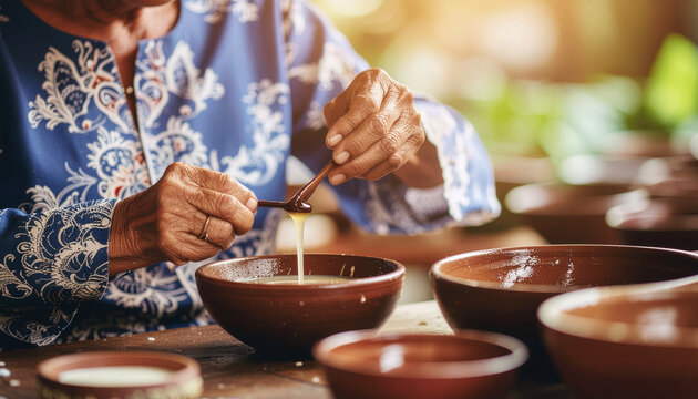 Woman serving food in wooden bowls