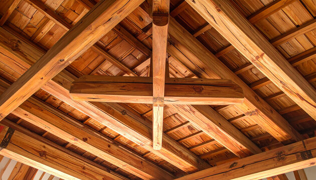 Wooden ceiling architectural detail with beams and rafters interior design