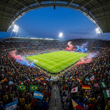 Vibrant soccer stadium with diverse crowd waving flags and smoke