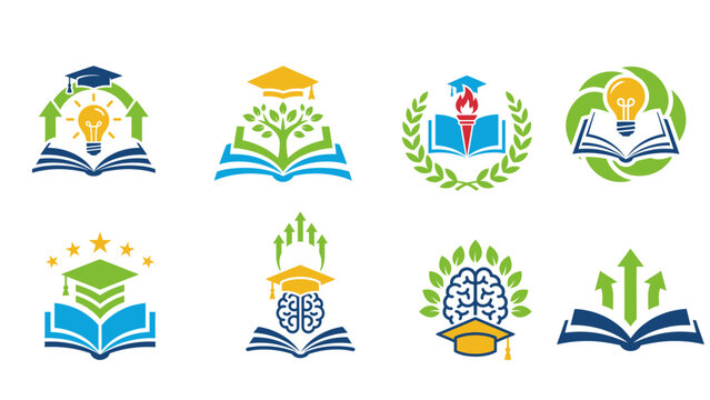 Education and E-Learning Logo Set with Graduation Cap and Creative Brain Symbols
