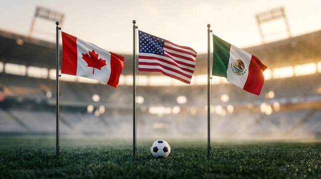 Canada, USA, And Mexico flags on soccer field with ball, Representing international football