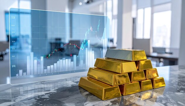 Golden bars displayed beside financial chart on a modern surface