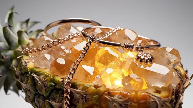 Luxury jewelry adorned with precious crystals rests on a vibrant pineapple, suggesting tropical indulgence and opulence