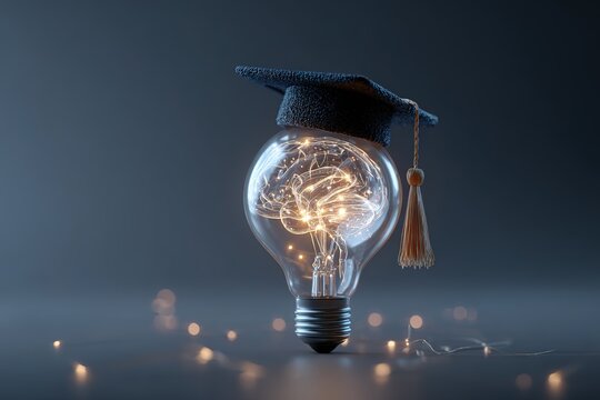 Conceptual image of glowing lightbulb featuring brain structure inside wearing university graduation cap for knowledge.