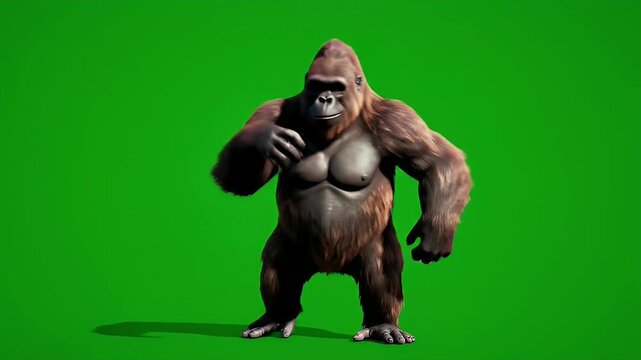 A powerful, muscular gorilla stands with its arms raised against a vibrant green screen background, showcasing its impressive physique and a fierce expression.
