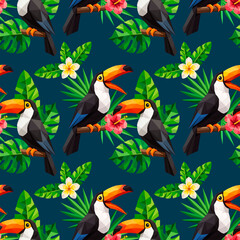 Fototapeta premium Seamless tropical pattern in geometric low poly style. Summer background with fruits, leaves and exotic elements. Minimalist vector design for fabric and wallpaper