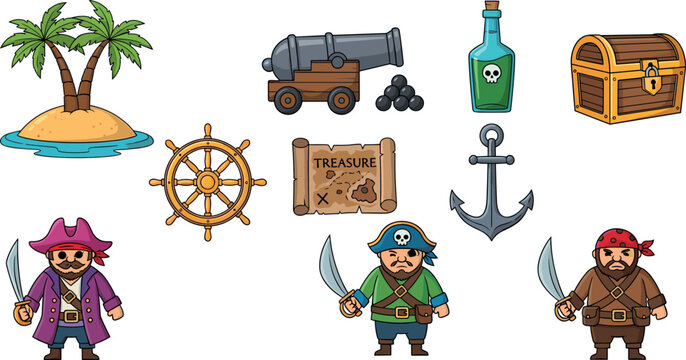 Vector Illustration of Pirate Icons Including Pirate Ship Wheel, Treasure Map, Cannon, Anchor, and Pirates on Island