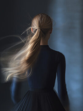 Back view of female model with long blonde ponytail moving in blue studio light wearing dark dress. Modern beauty concept for branding and advertising use.