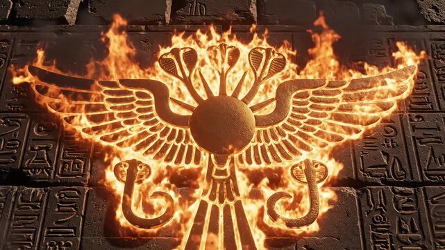 Ancient Egyptian Winged Sun Symbol Burning Brightly on Hieroglyphic Wall.