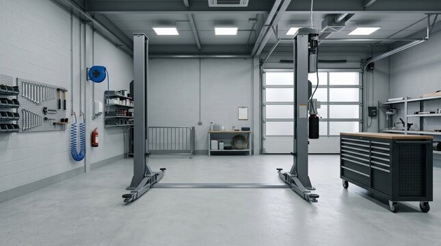 Modern car service station with a two-post hydraulic lift and professional tool cabinets, automotive repair workshop, vehicle maintenance garage.