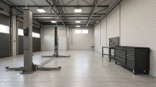 Spacious automotive workshop featuring a vehicle lift and black metal tool chests against a white brick wall, professional car repair facility.