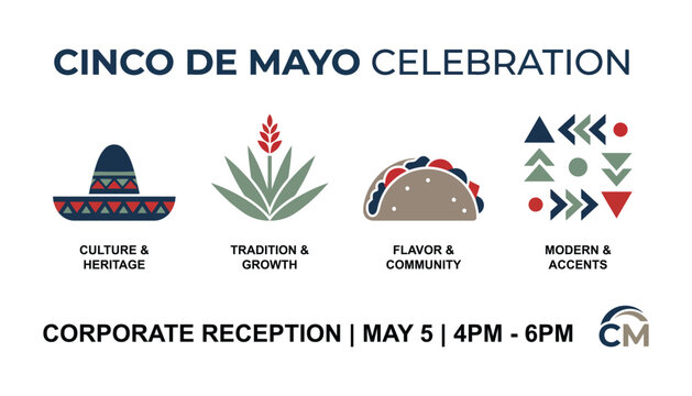Cinco de Mayo celebration corporate reception invitation, Mexican culture and heritage icons set, modern festive event flyer with taco and sombrero
