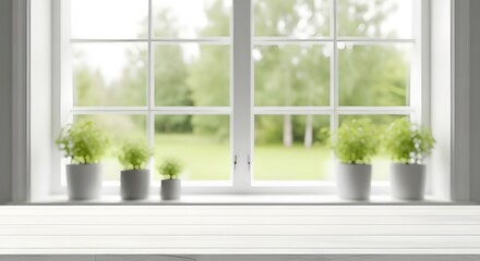 Fototapeta premium A serene view through a window showcasing lush greenery and potted plants evoking a sense of calm and tranquility