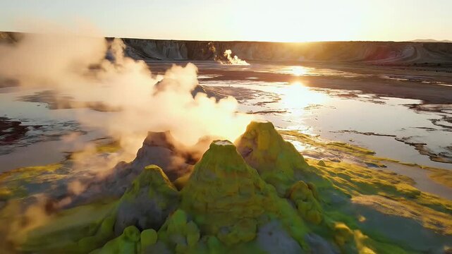 A stunning aerial view showcases a geothermal area with vibrant mineral deposits and steaming vents, bathed in the warm glow of the setting sun.
