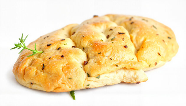 Freshly baked bread with herbs on white background  