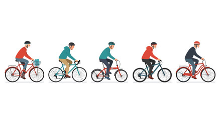 Obraz premium Diverse group of individuals enjoying recreational bicycle rides showcasing various cycling styles and apparel in a dynamic outdoor activity presentation promoting healthy transportation and