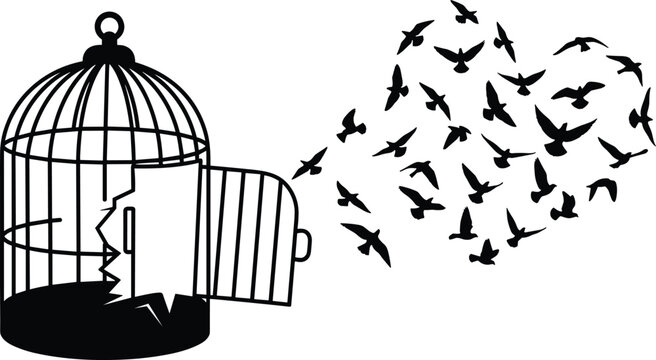 Birds flying out of an open cage representing freedom and escape conceptual wall sticker