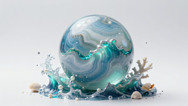 Sph&egrave;re oc&eacute;an abstraite avec motifs marbre bleu-blanc, perles et corail