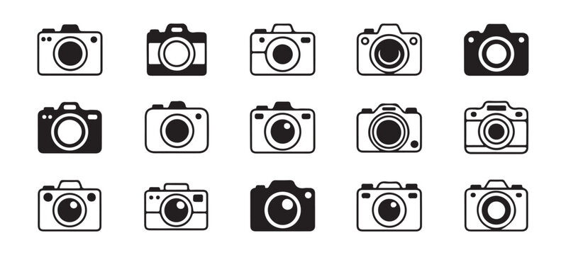 Collection of various camera icons representing different styles and types of photographic equipment.