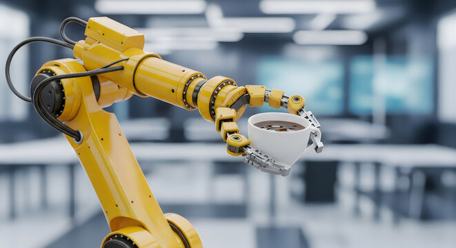 Industrial robotic arm holding a cup of coffee in a modern office setting