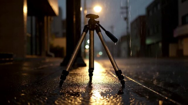 tripod on wet city street at dusk with streetlight