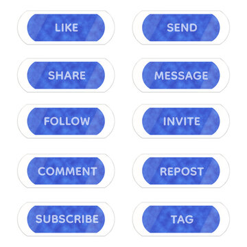 Luxury Blue Glitter Encapsulated in Transparent Glass 3D Social Media UI Button Set, Glossy Clear Capsule Buttons with Floating Blue Sparkle Core ,Modern Cool Tone Social Interface Elements Isolated 