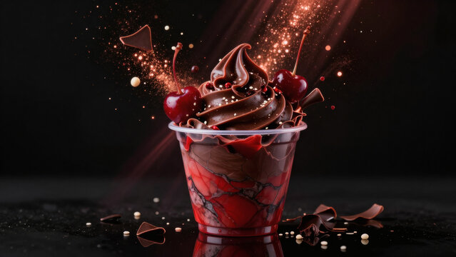 Glace soft serve chocolat avec cerises dans gobelet plastique &eacute;tincelant