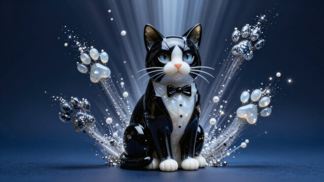 Chaton tuxedo figurine avec empreintes lumineuses et &eacute;tincelles magiques fond bleu